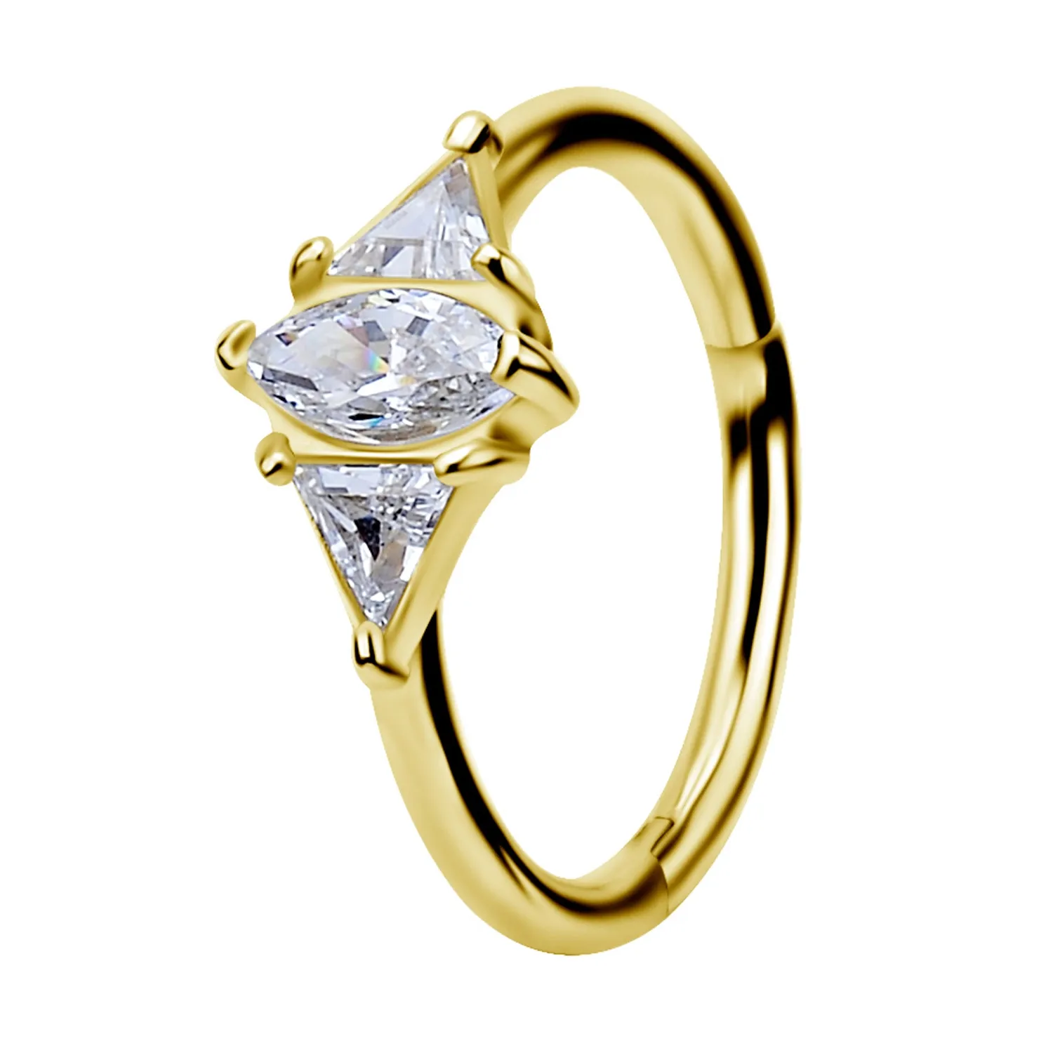 18K Solid Yellow Gold Clicker Ring Triangle & Marquise White CZ