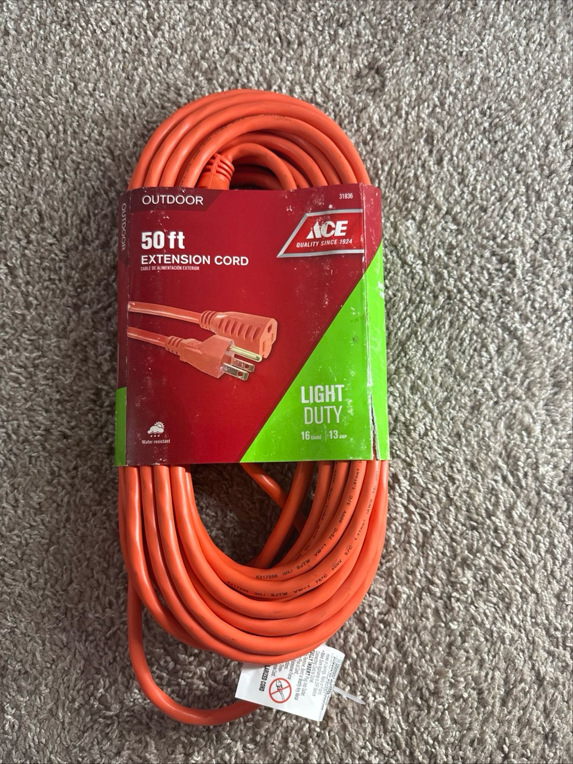 Ace 50 Ft. 16 Guage / 13 amp Light Duty Extension Cord Indoor/Outdoor, Orange