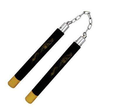 Nunchaku, Foam Padded, Chain, 12", Black w/ Yellow Baton