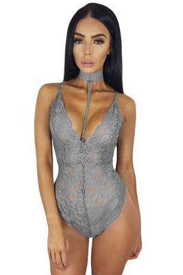 Grey Lace Choker Neck Teddy Lingerie