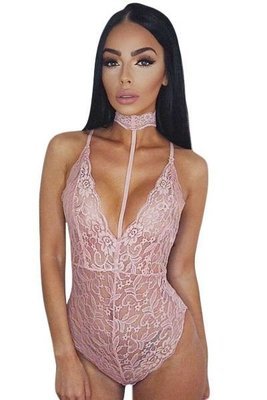 Pink Lace Choker Neck Teddy Lingerie