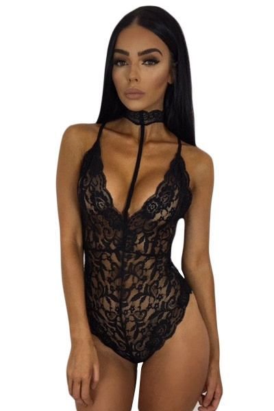 Black Sheer Lace Choker Neck Teddy Lingerie