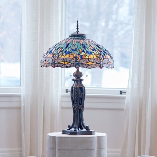 35&quot;H Dragonfly Tiffany-Style Stained Glass Table Lamp