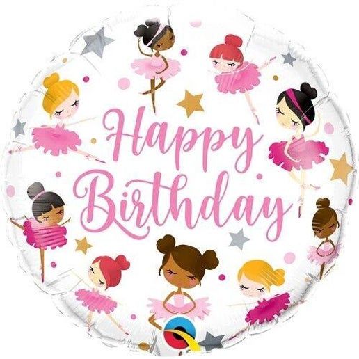 Ballerina Design 18 Inch Round Happy Birthday Foil Balloon C/W Ribbon