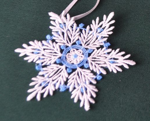 Free Standing Lace Snowflake in White and Blue with Hanging Ribbon