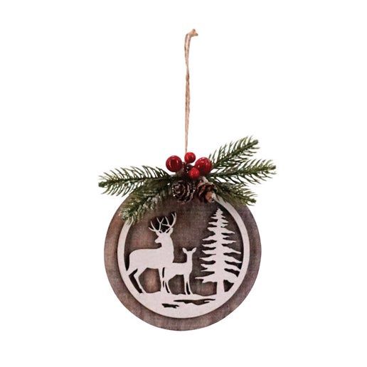 Round Wooden Deer Scene w/Pine Spray Ornament - Bright Ideas -