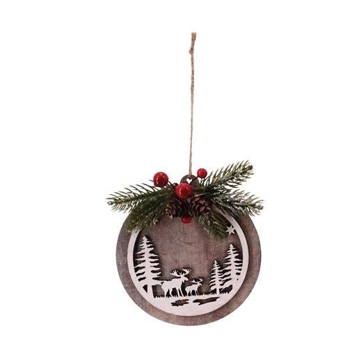 Round Wooden Moose Scene w/Pine Spray Ornament