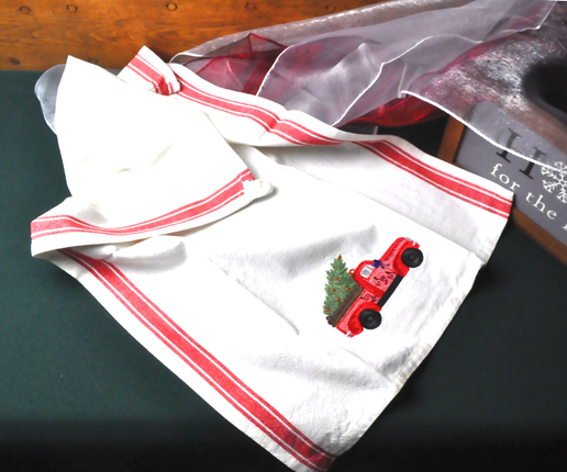 Vintage Cotton Red Striped Kitchen Towel with Christmas Truck Embroidery