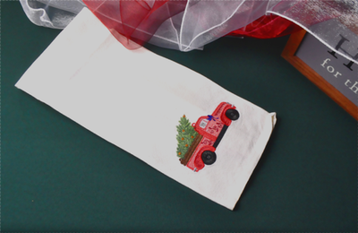 Vintage Cotton Red Striped Kitchen Towel with Christmas Truck Embroidery