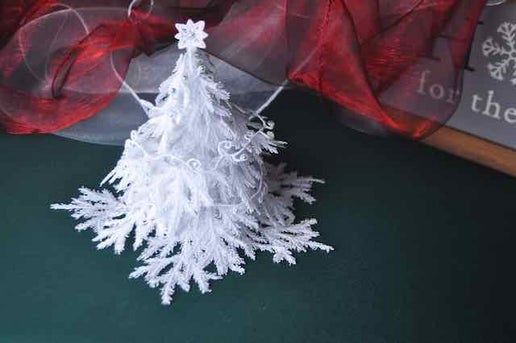 White Christmas Tree 3D Lace with Star, Garlands, and Twinkling Lights