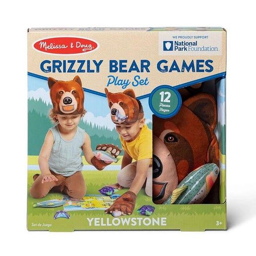 Melissa &amp; Doug Yellowstone National Park Grizzly Bear Games and Pretend Play Set with Plush Bear Heads and Bear Paw Gloves