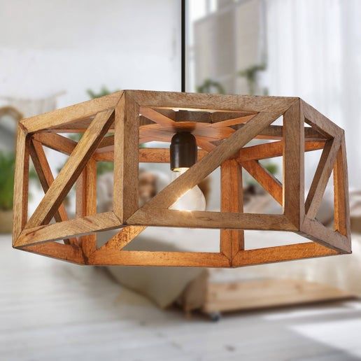 18"W Morel Brown Mango Wood and Metal Hanging Pendant Light