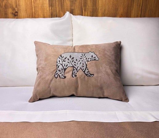 Embroidered Bear Pillow with Floral Design