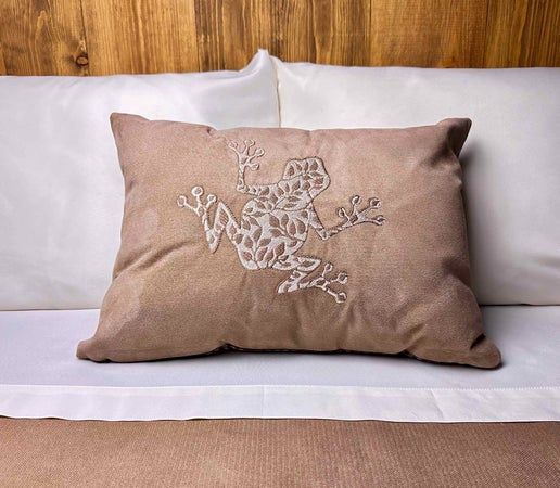 Embroidered Frog Pillow with Floral Design