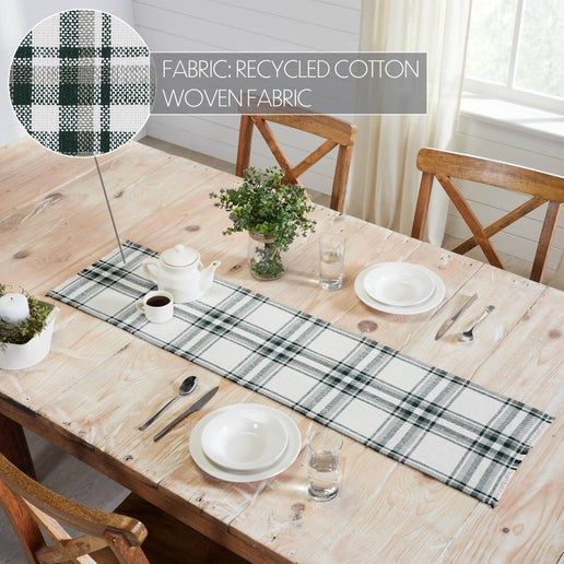 Harper Plaid Green White Table Runner Fringed 12x48