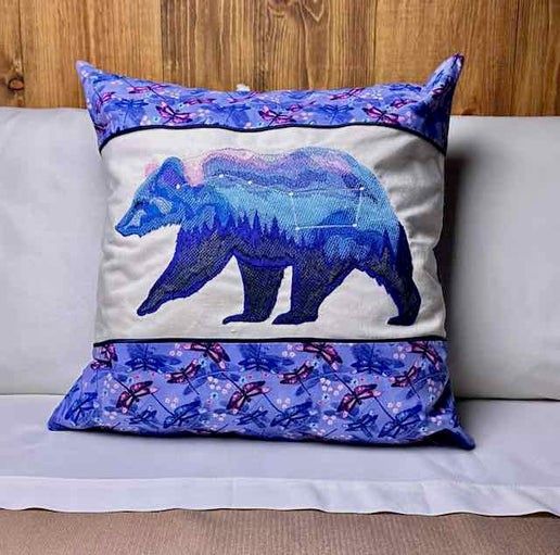 Handmade Embroidered Alaskan Aurora Bear Throw Pillow