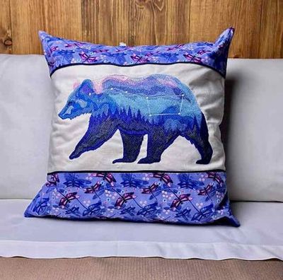 Handmade Embroidered Alaskan Aurora Bear Throw Pillow