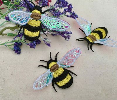 Embroidered Lace Bee with 3D Iridescent Lace Wings