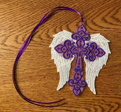 Lavender and White Cross with Angel Wings Bookmark