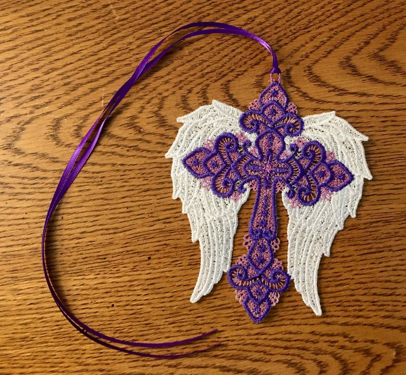 Lavender and White Cross with Angel Wings Bookmark