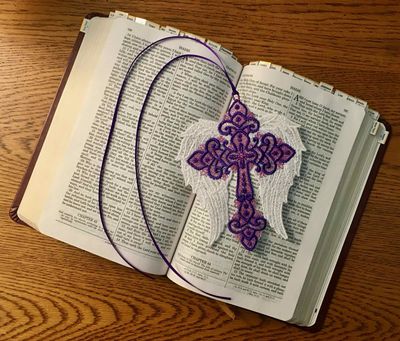 Lavender and White Cross with Angel Wings Bookmark