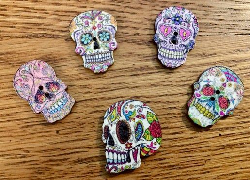 Scull Buttons - Painted Two Hole Wooden - Set of 5