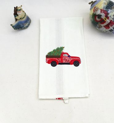 Vintage Cotton Red Striped Kitchen Towel with Christmas Truck Embroidery