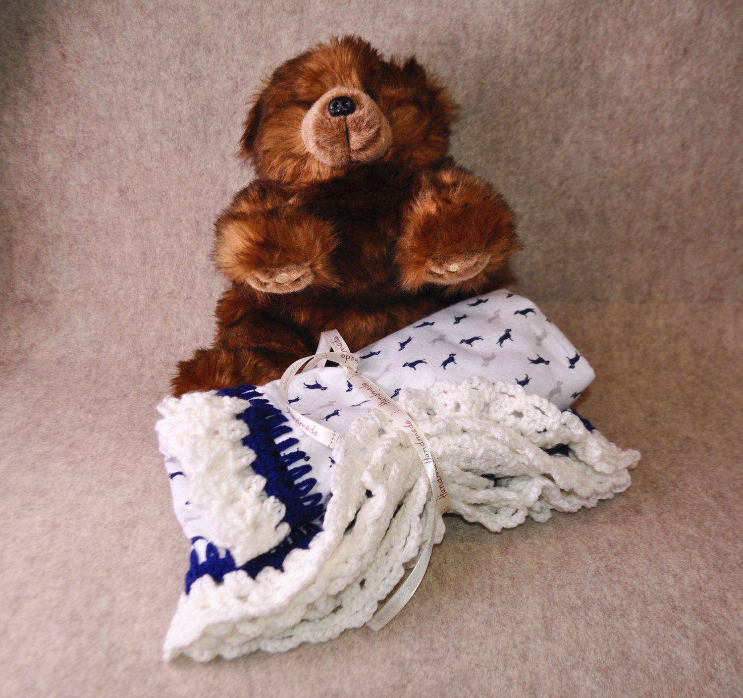 Navy Blue | Dog Theme | Cozy Flannel Receiving Blanket with Crochet Trim