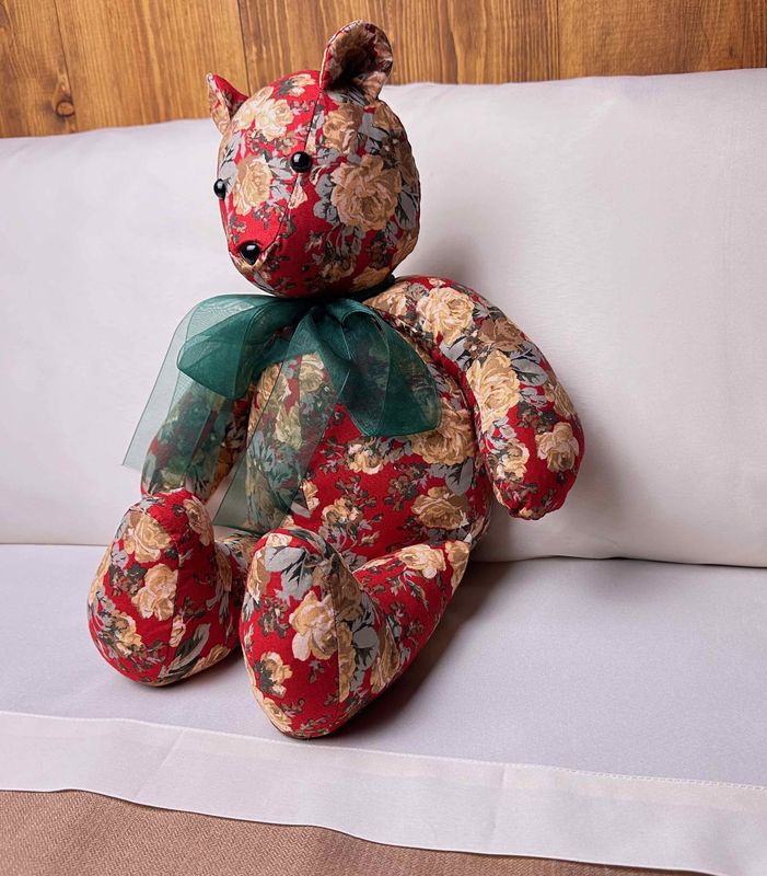 Handmade Plush Fabric Bear | Red Floral Teddy Bear