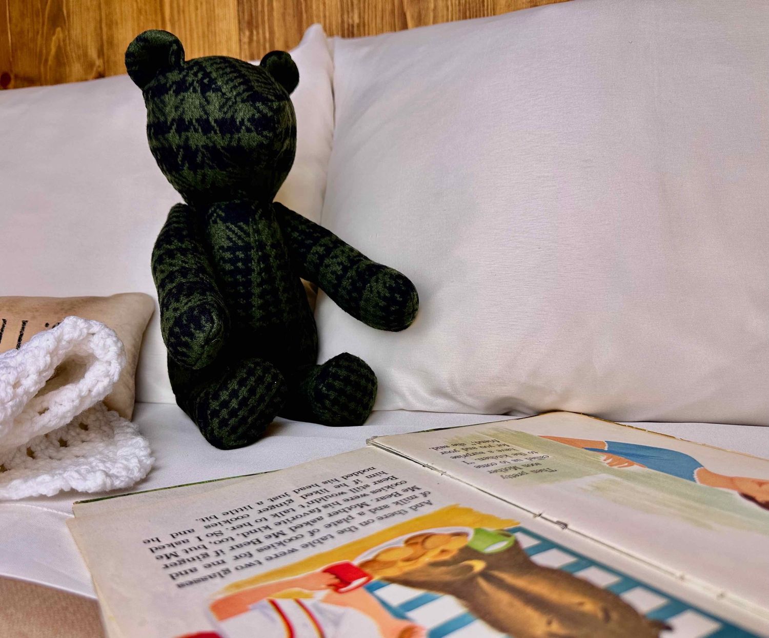 Plush Teddy Bear Handmade with Vintage Houndstooth Wool