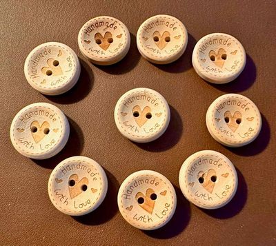 Wood Buttons | Made With Love &amp; Heart | 2 Hole Button | Bag of 6
