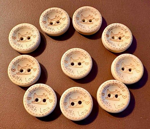 Wood Buttons | Made With Love &amp; Sewing Machine | 2 Hole Button | Bag of 10