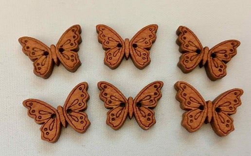 Butterfly Buttons, Natural Wood, Laser Etched, Set of 6, 2 Hole Buttons