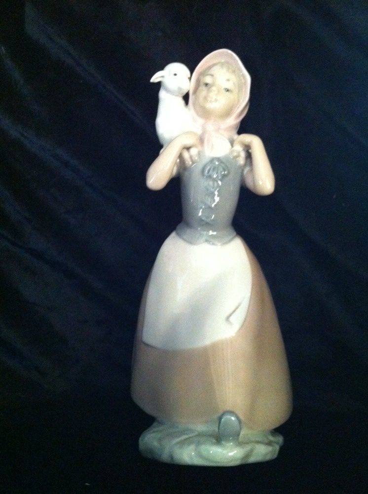 Nao By Lladro Figurine Shepherdess Girl with a Lamb Over Shoulder