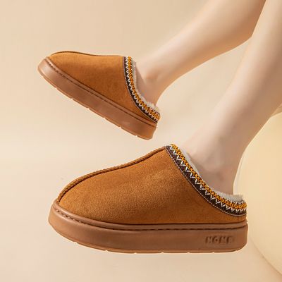 Tan &amp; Decorative Trim - Fuzzy Warm Thick Sole Slippers
