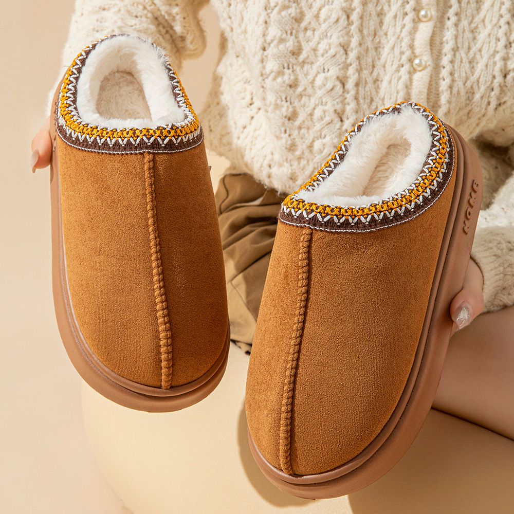 Tan &amp; Decorative Trim - Fuzzy Warm Thick Sole Slippers, Color: Brown