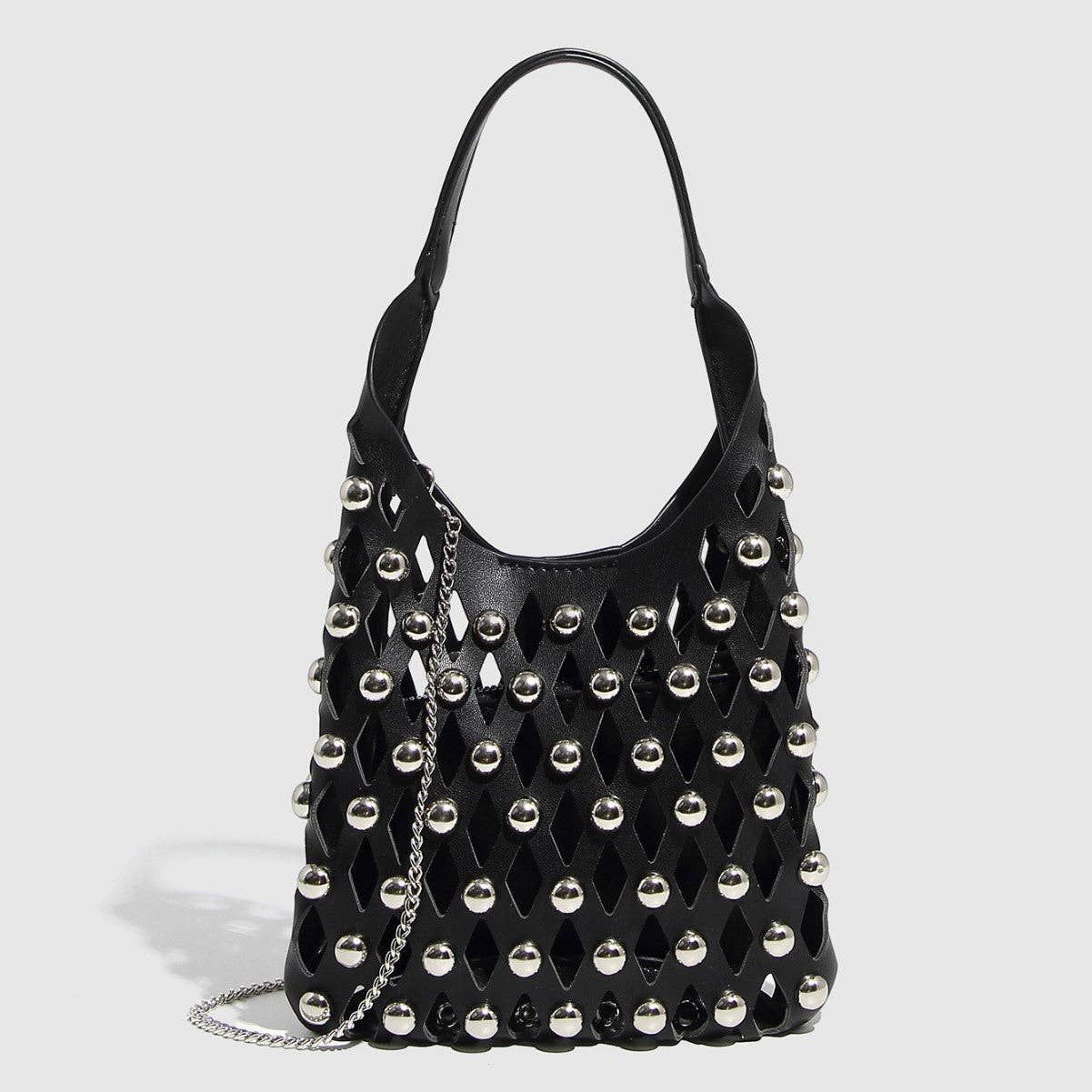 Hollow Out Rivet Chain Shoulder Bucket Bag, Color: Black