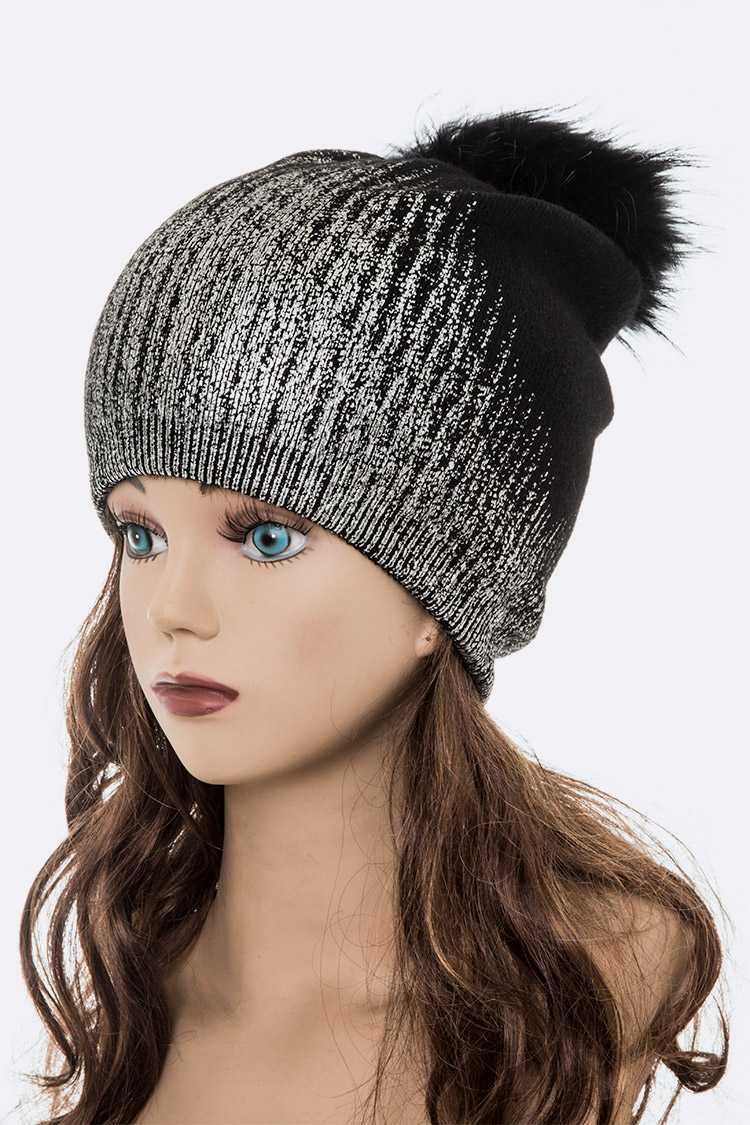 Metallic Cashmere Fur Pom Beanie, Color: Black/Silver
