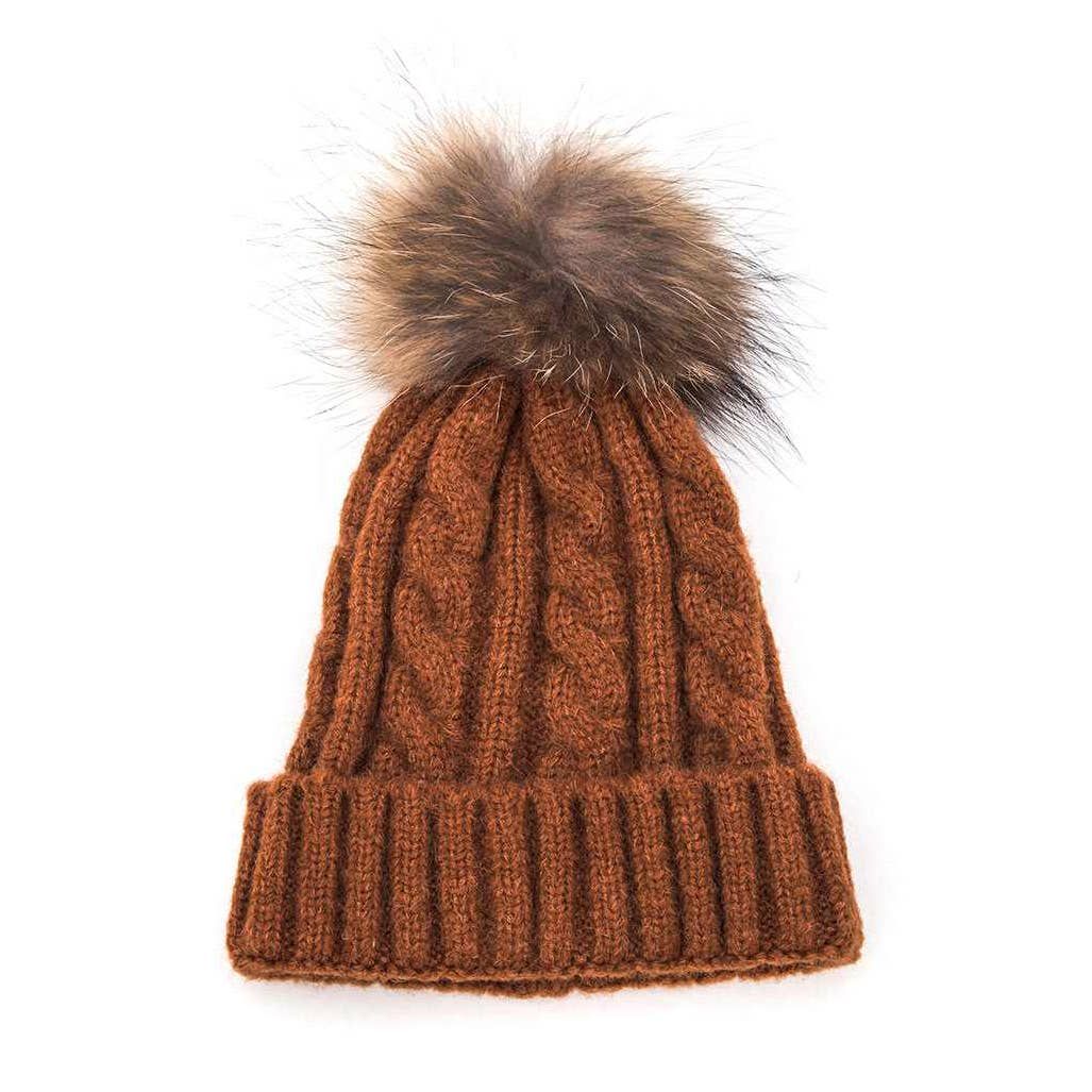 Fur Pom Cable Knit Soft Beanie, Color: Rust