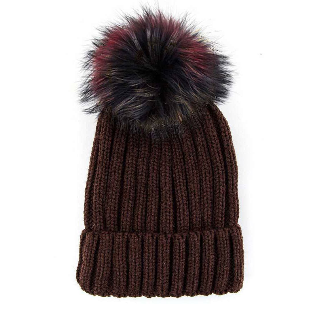 Raccoon Fur Pom Pom Beanie, Color: Brown