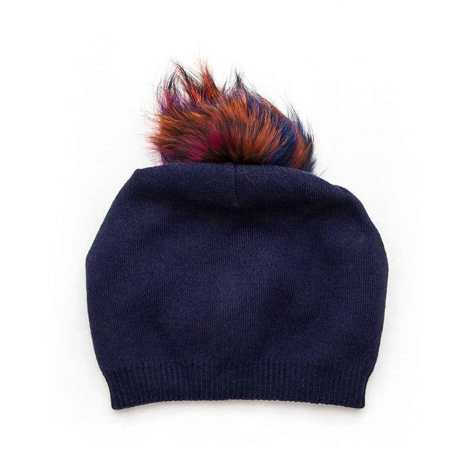 Mix Fur Pom Cashmere Slouchy Beanie, Color: Navy