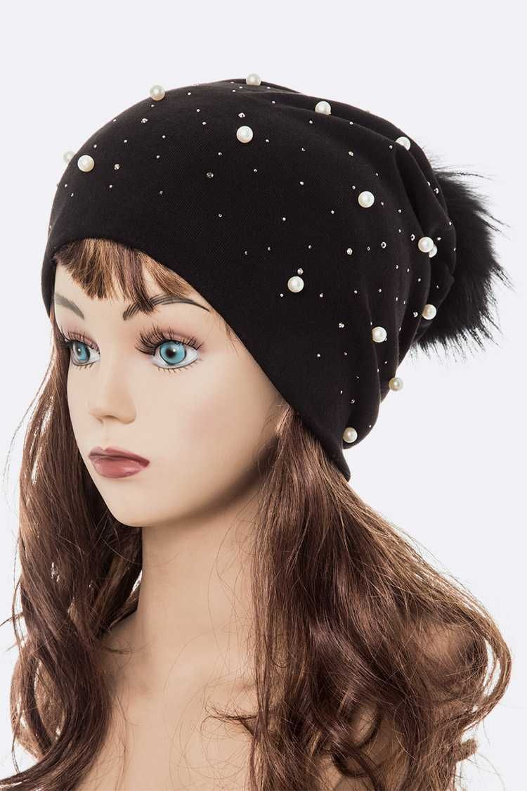 Pearl Embellished Fur Pom Slouchy Beanie