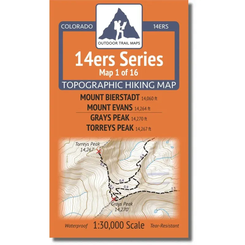 Outdoor Trail Maps 14ers Map: Bierstadt, Evans, Grays, Torreys, front view