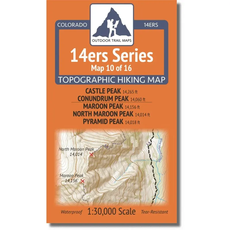 Outdoor Trail Maps 14ers Map: Castle, Conundrum, Maroon, North Maroon, Pyramid, front view