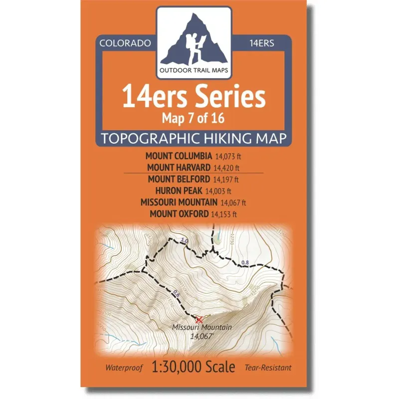 Outdoor Trail Maps 14ers Map: Columbia, Harvard, Belford, Huron, Missouri, Oxford, front view