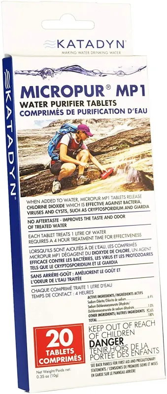 Katadyn Micropur Tabs Pkg 20, front view