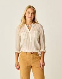 Carve Women's Dylan Gauze Shirt, Color: Camel Stripe, Size: X-Small