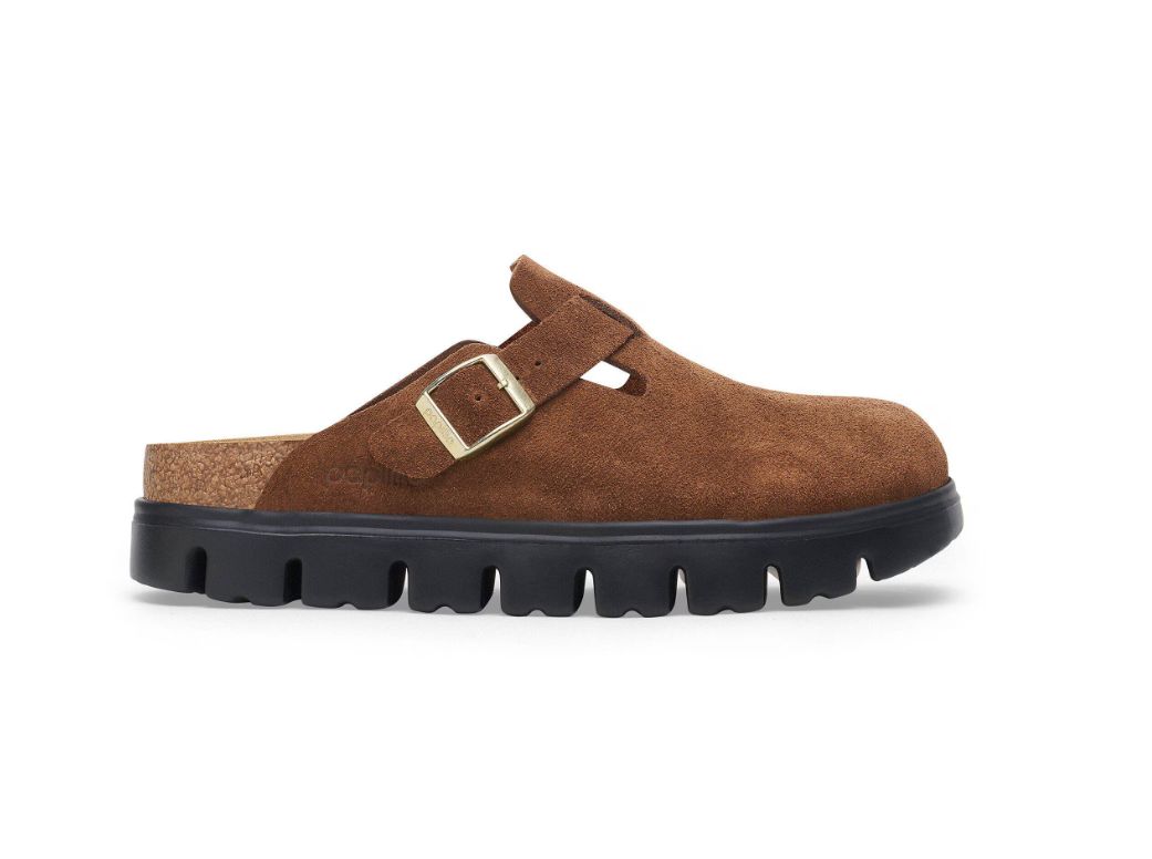 Birkenstock Boston Chunky - Suede Leather, Color: Dark Tea / Black, Size: 36
