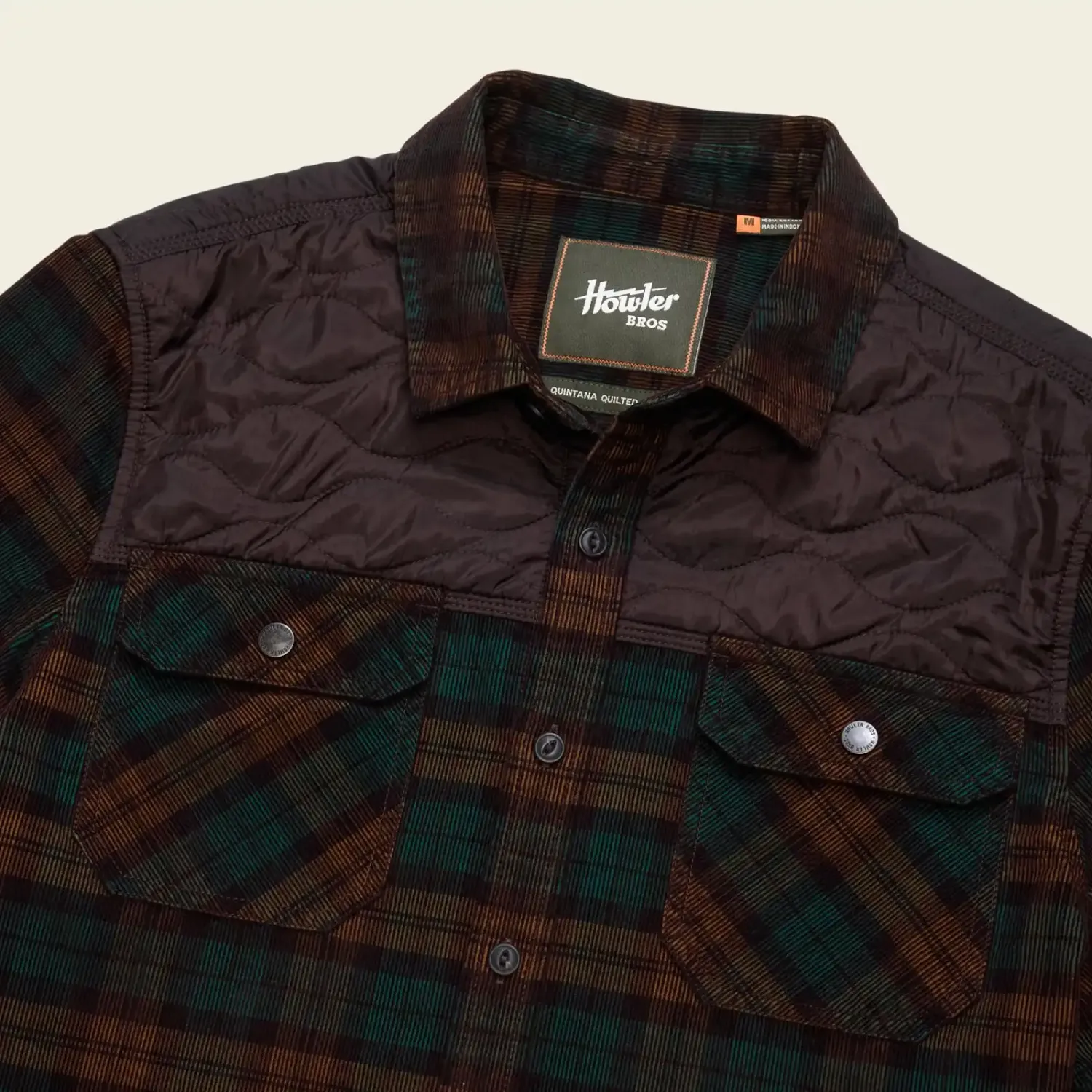 Howler Brothers Quintana Quilted Flannel in Brock Plaid Earth, alternate view 1