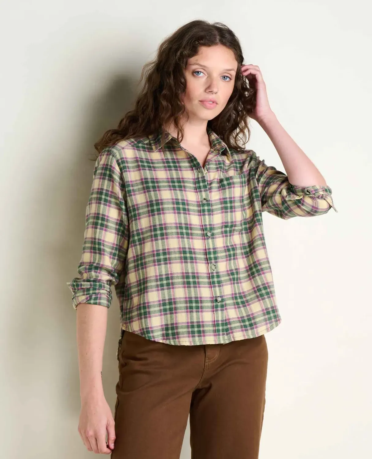 Toad&amp;Co Women's Re-Form Flannel Boxy Long Sleeve Shirt, Color: Cilantro Pattern, Size: L